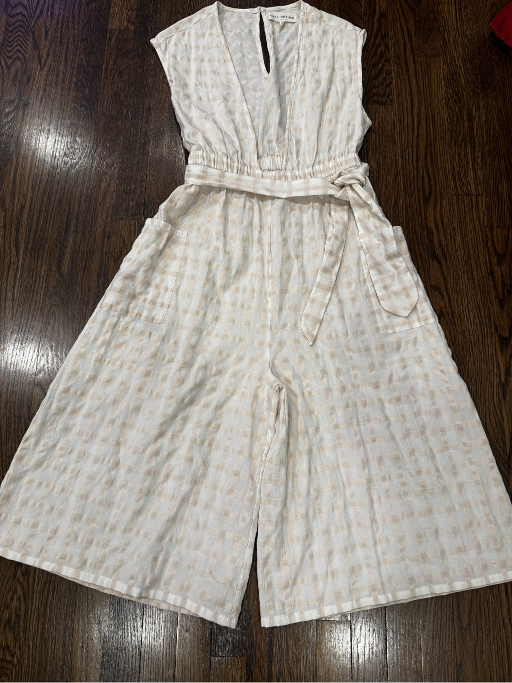 Mara Hoffman Whitney Jumpsuit Cream Organic Cotton Wide Leg Plunge Tie Waist 1x